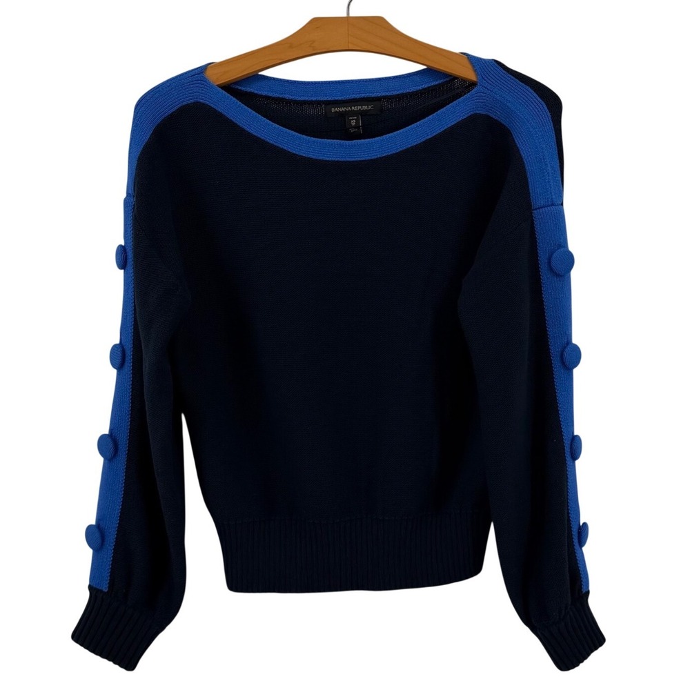 Banana Republic Sweater Women Petite XS Navy Blue Cotton Blend Buttons Knit